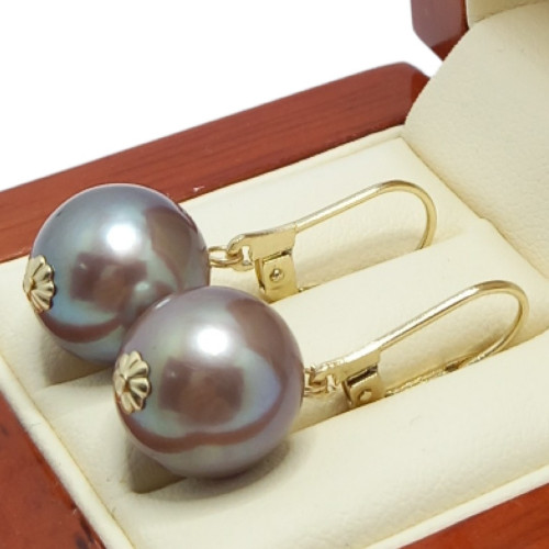 Cercei Kaskadda cu Perle Naturale Edison Lavanda, Calitate Premium AAA, Perle Rare Gigant de 12 - 12,5 mm si Aur de 14k
