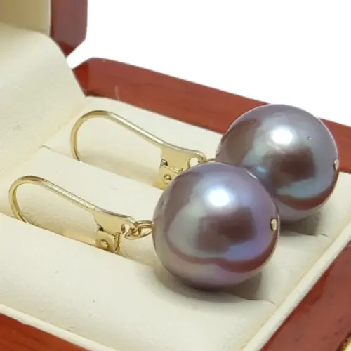 Cercei Kaskadda cu Perle Naturale Edison Lavanda, Calitate Premium AAA, Perle Rare Gigant de 11,5 - 12 mm si Aur Galben de 14k