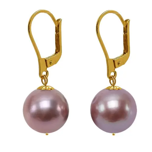 Cercei Kaskadda cu Perle Naturale Edison Lavanda, Calitate Premium AAA, Perle Rare Gigant de 12 - 12,5 mm si Aur Galben de 14k