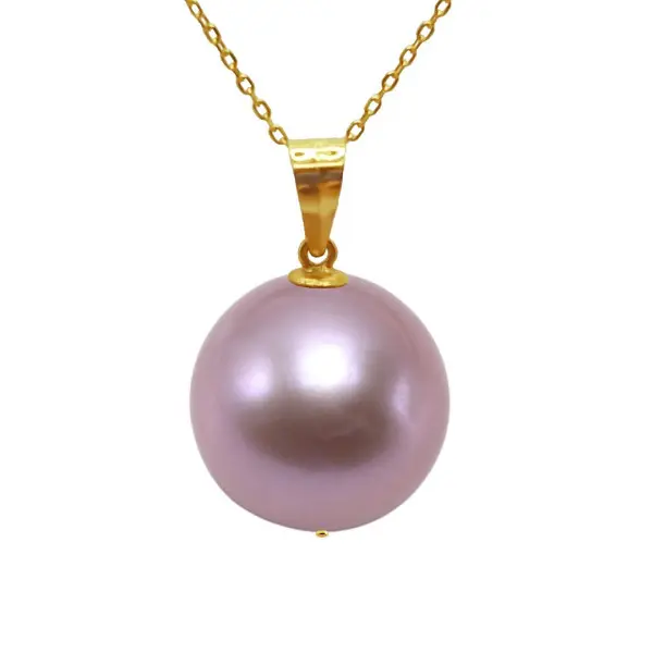 Colier cu Pandantiv Kaskadda cu Perle Naturale Edison Lavanda AAA, Perle Rare Gigant de 12,5 – 13 mm si Aur Galben de 14k