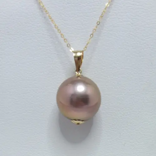 Colier cu Pandantiv Kaskadda cu Perle Naturale Edison Lavanda AAA, Perle Rare Gigant de 12,5 – 13 mm si Aur Galben de 14k