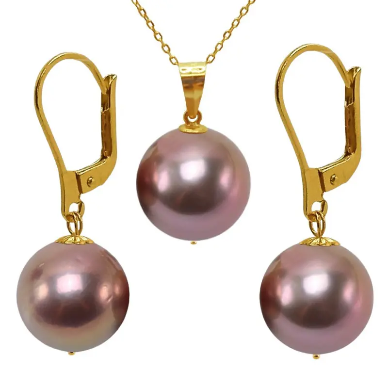 Set Kaskadda Colier cu Pandantiv si Cercei Perle Naturale Edison Lavanda AAA, Perle Rare de 11,5-12 mm si Aur Galben de 14k