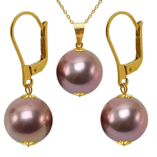 Set Kaskadda Colier cu Pandantiv si Cercei cu Perle Naturale Edison Lavanda AAA, Perle Rare de 11,5 – 12 mm si Aur Galben de 14k