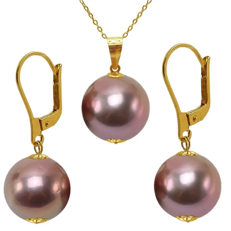 Set Kaskadda Colier cu Pandantiv si Cercei cu Perle Naturale Edison Lavanda AAA, Perle Rare de 12 – 12,5 mm si Aur Galben de 14k