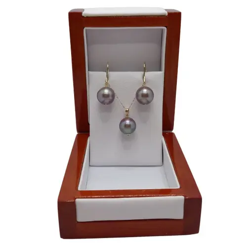Set Kaskadda Colier cu Pandantiv si Cercei Perle Naturale Edison Lavanda AAA, Perle Rare de 11,5-12 mm si Aur Galben de 14k