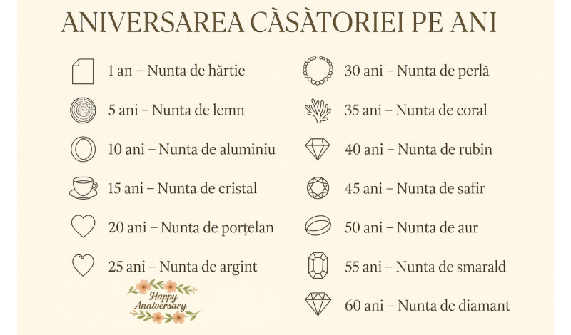 Aniversarea căsătoriei pe ani – o călătorie prin timp, iubire și simboluri